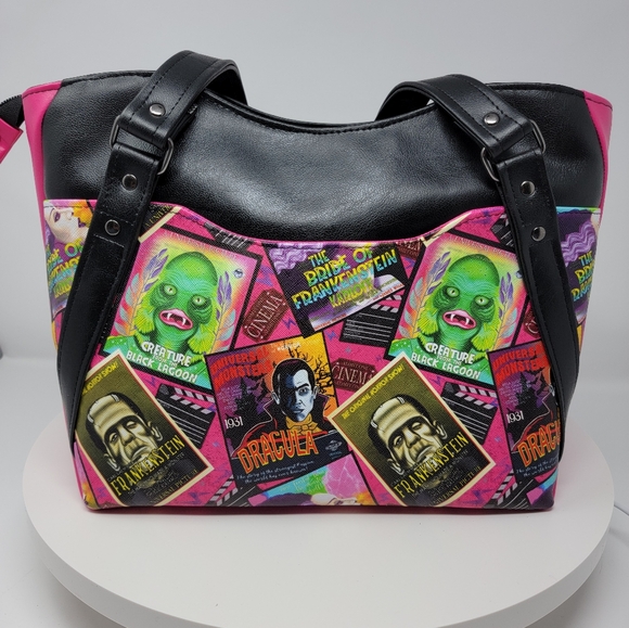 Handmade Black & Pink Vintage Horror Themed Hand Crafted Vinyl Hiraeth Handbag - Picture 4 of 7